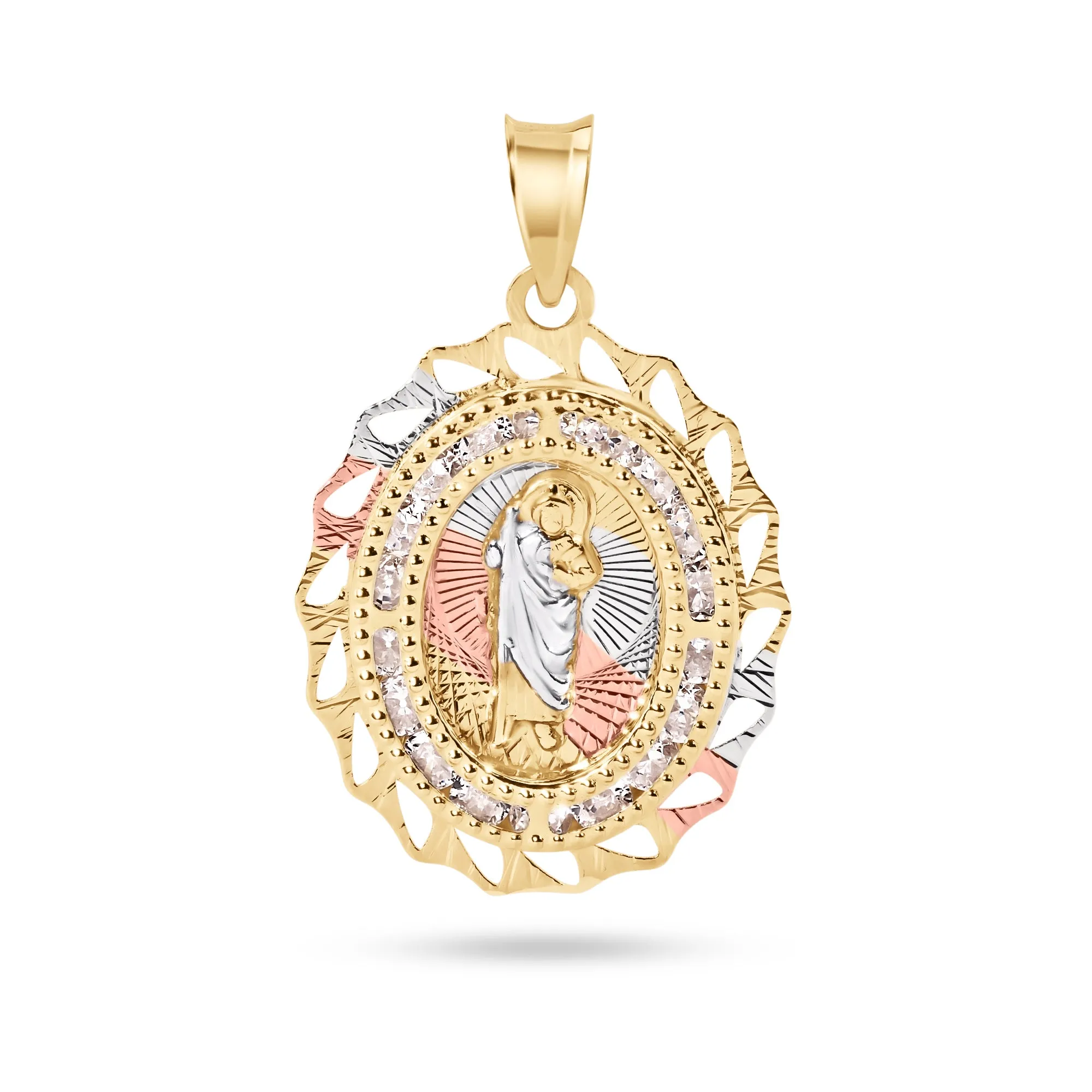 14P00093. - 14 Karat Yellow Gold 2 Tone 20mm Diamond Cut Oval Bezel Saint Jude Clear CZ Pendant