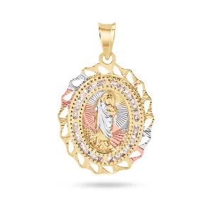 14P00093. - 14 Karat Yellow Gold 2 Tone 20mm Diamond Cut Oval Bezel Saint Jude Clear CZ Pendant