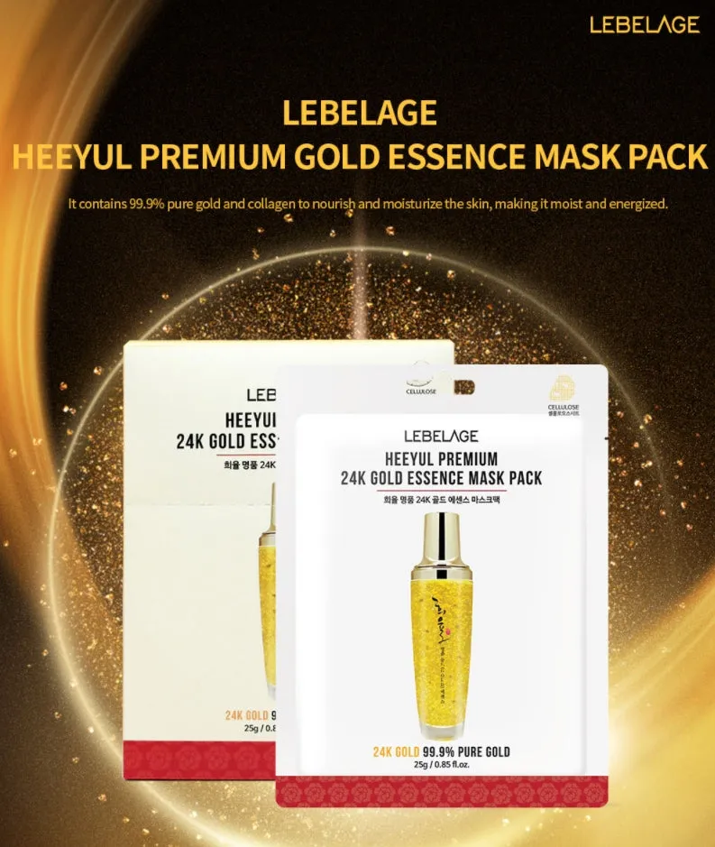 LEBELAGE HEEYUL Premium 24K Gold Essence Masks 10 Sheets Facial Dry Skincare Anti Wrinkles Ageing