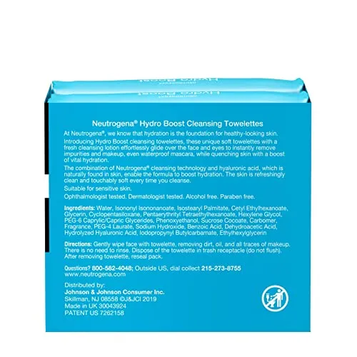 Neutrogena Hydro Boost Hydrating Facial Cleansing Towelettes - Refreshing Makeup Remover Wipes for Nourished and Moisturized Skin